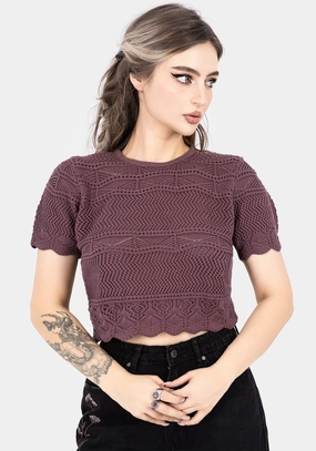 Hooked Pointelle Short Sleeve Crop Top - Purple Tops Womens - women's blouses clearance