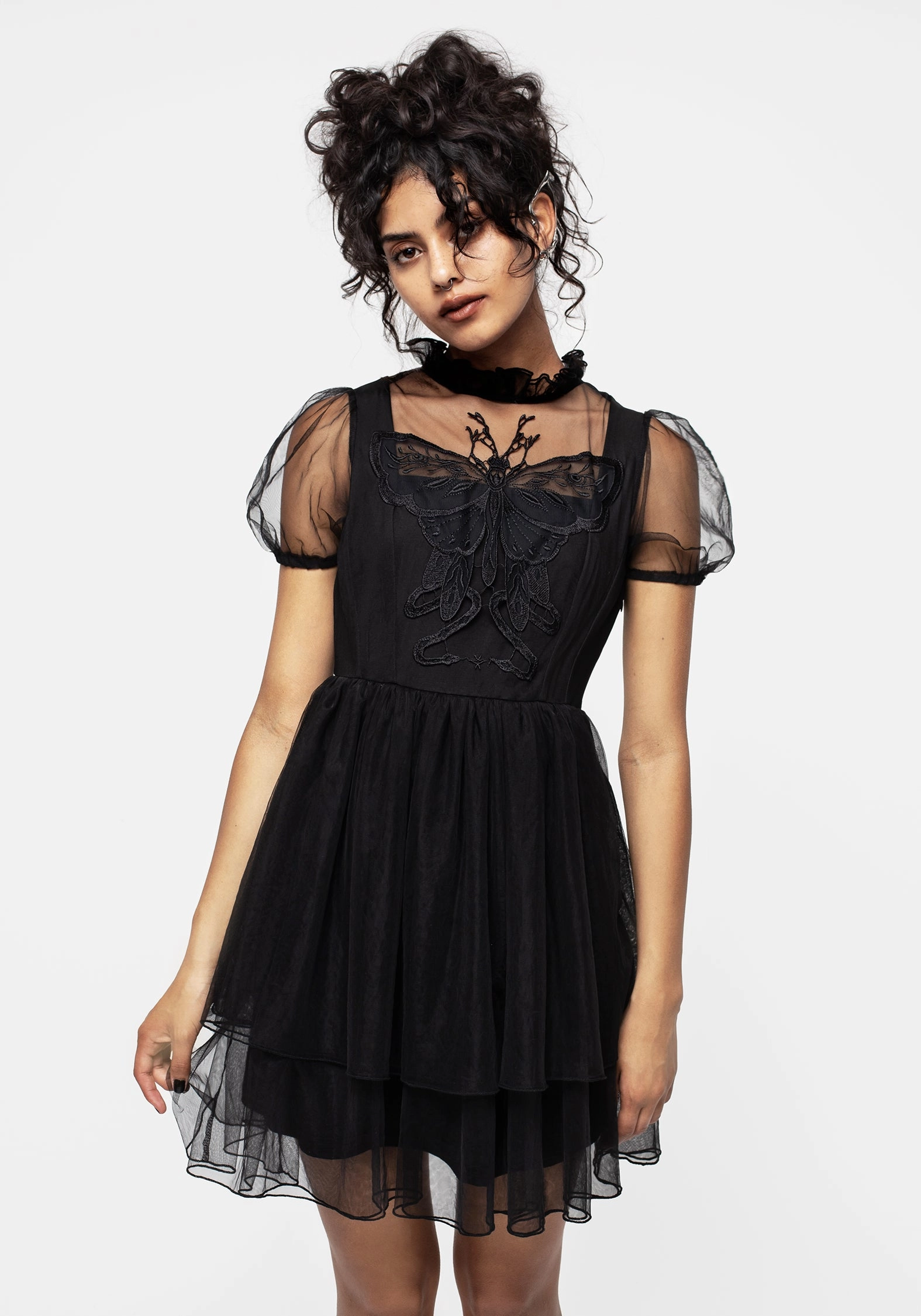 Hysteria Butterfly Applique Frill Neck Tulle Mini Dress Dresses Womens - women's dresses clearance