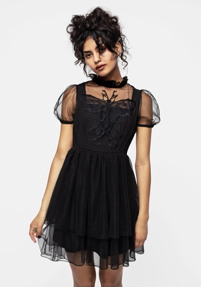 Hysteria Butterfly Applique Frill Neck Tulle Mini Dress Dresses Womens - women's dresses clearance