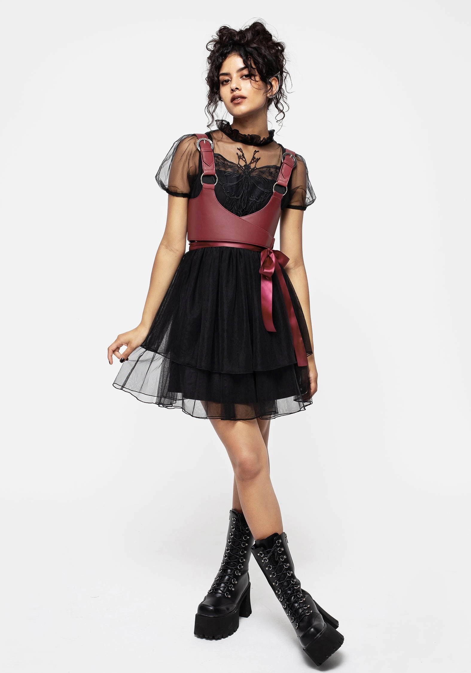 Hysteria Butterfly Applique Frill Neck Tulle Mini Dress