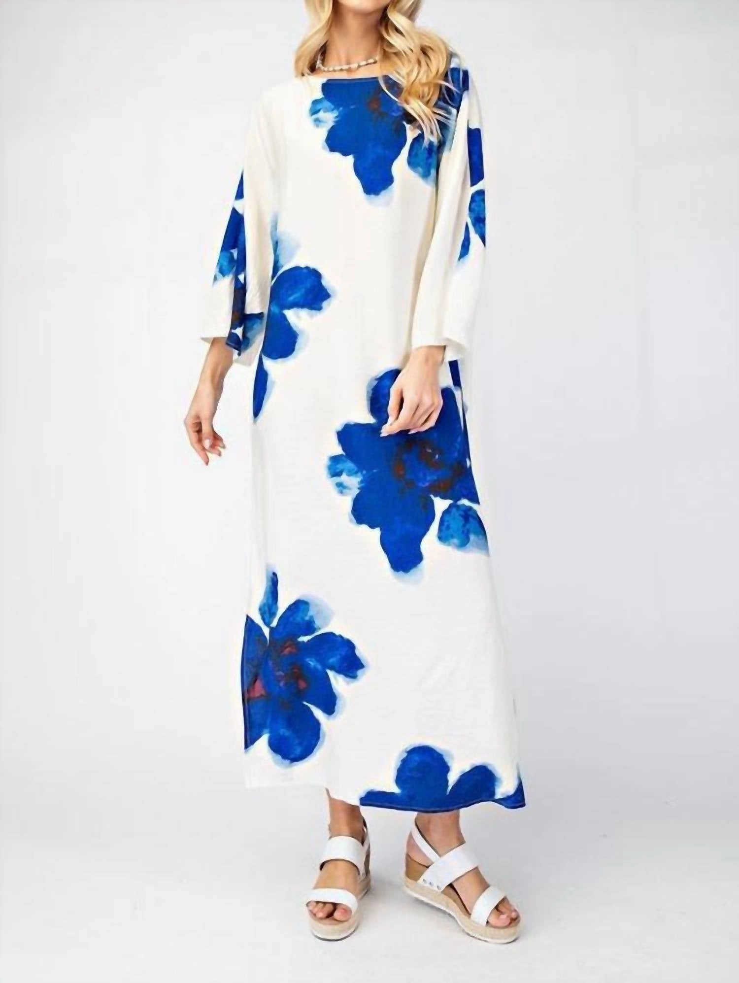Indigo Flower Caftan In White/blue