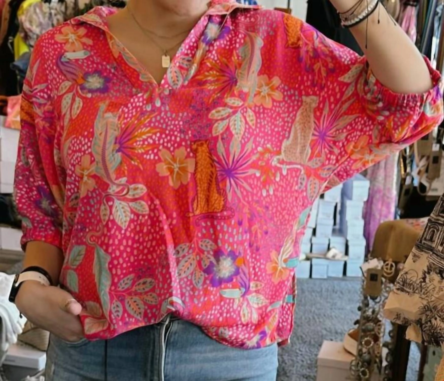 Jungle Party V-Neck Top In Pink