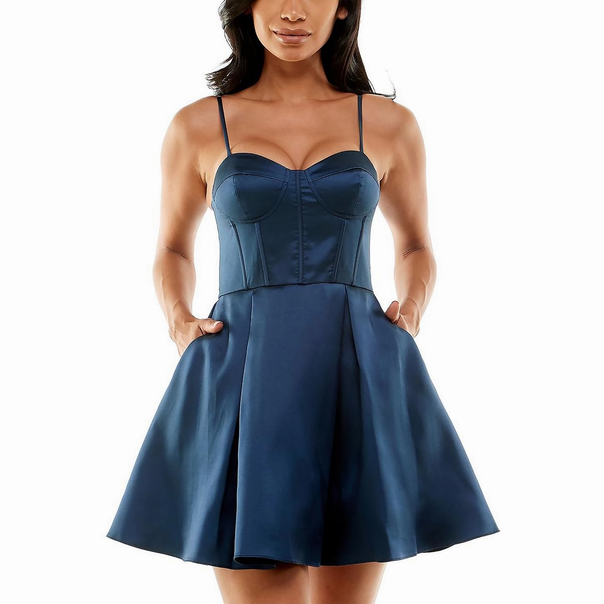 Juniors Womens Corset Seamed Mini Fit & Flare Dress