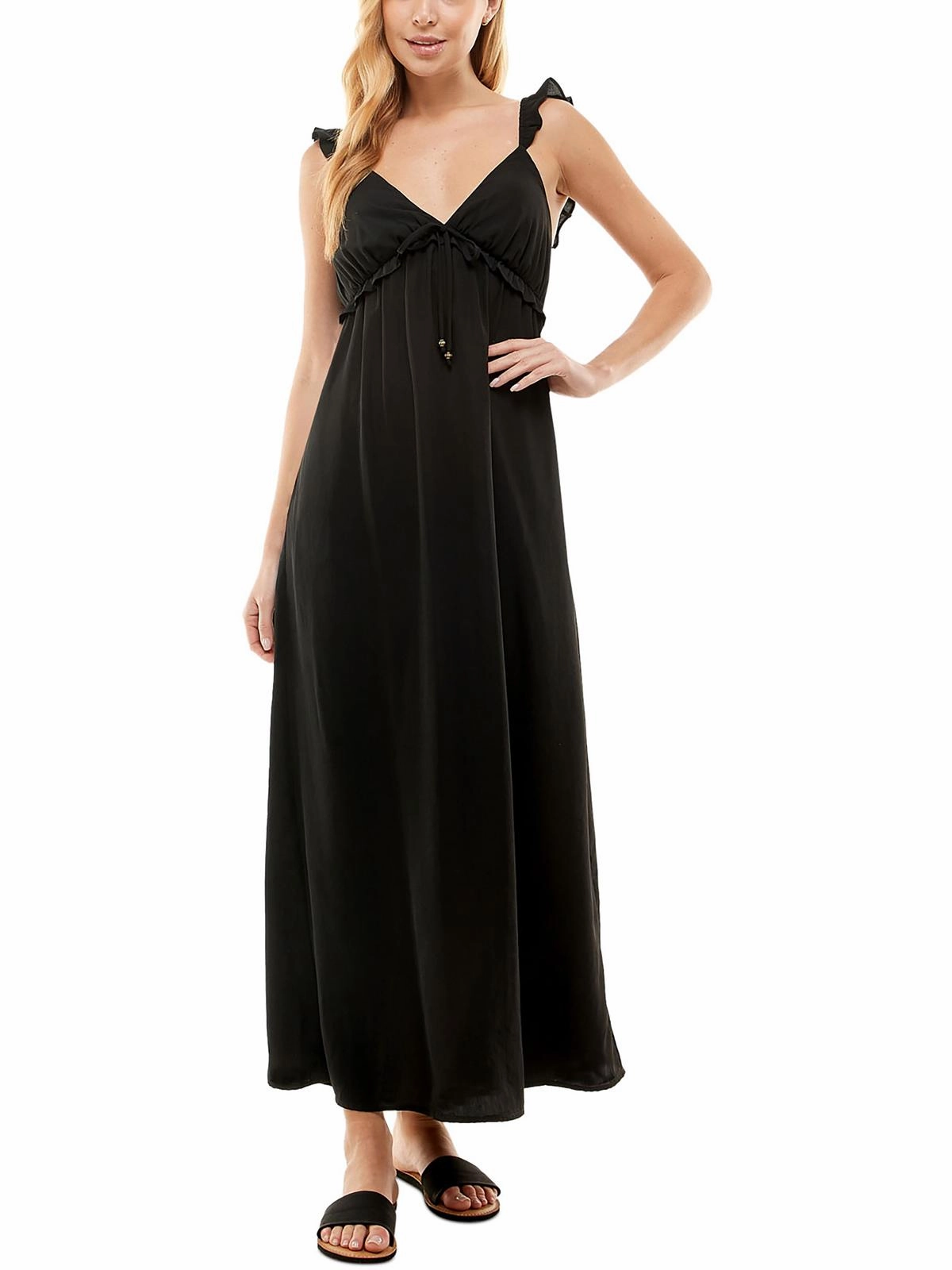 Juniors Womens Ruffled V-Neck Maxi Dress
