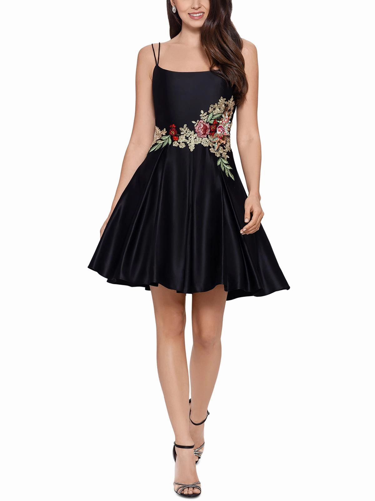 Juniors Womens Satin Embroidered Mini Dress