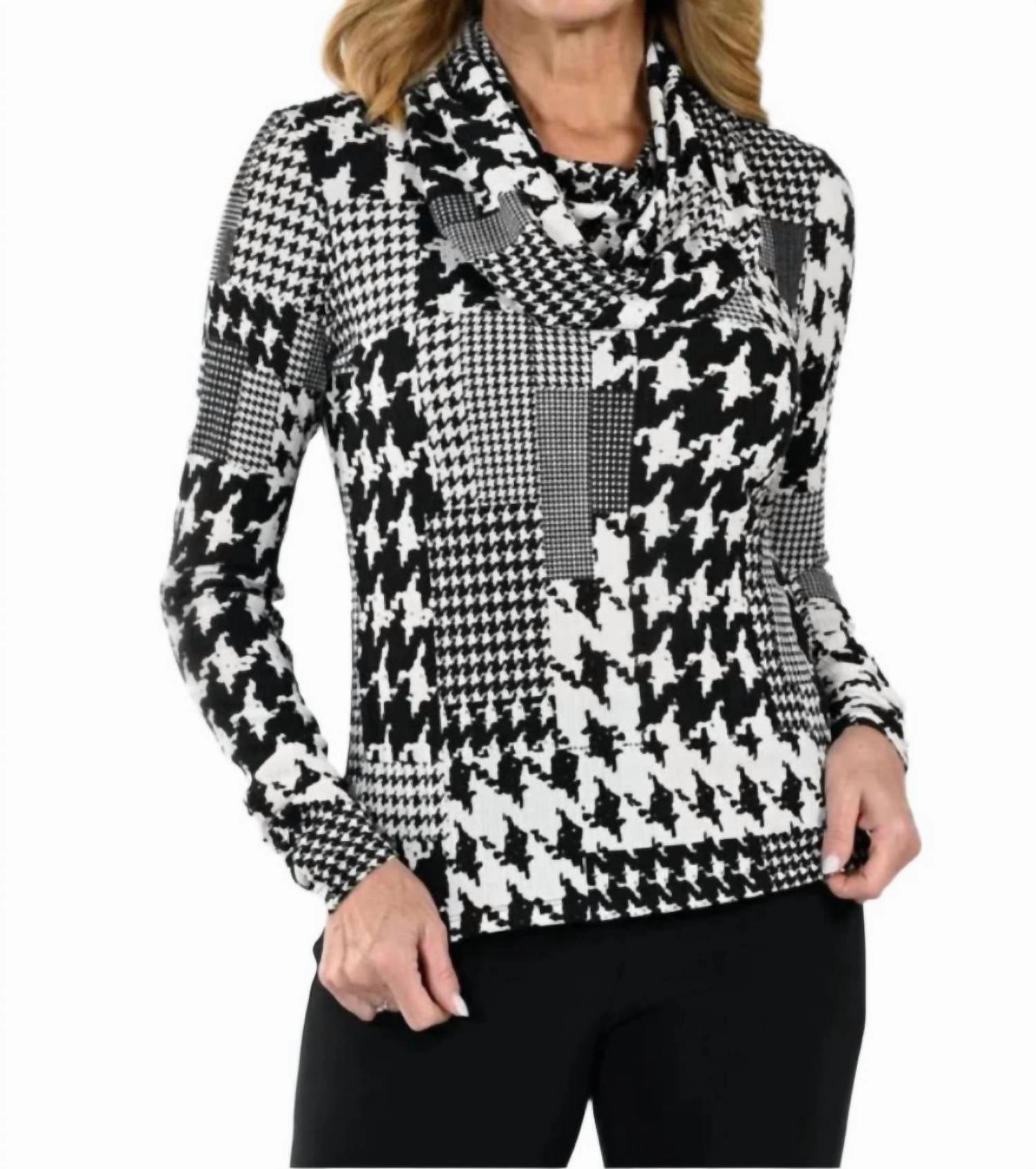 Knit Cowl Neck Long Sleeve Top In Black And White