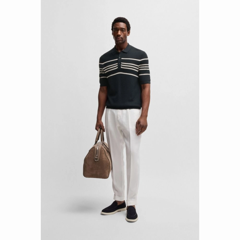 Knit polo in silk and cotton with stripe details