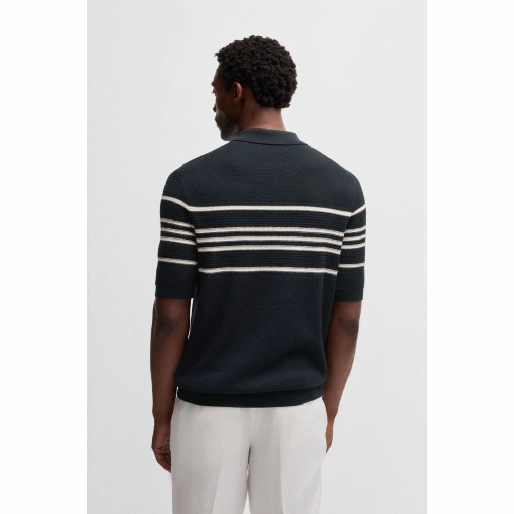 Knit polo in silk and cotton with stripe details