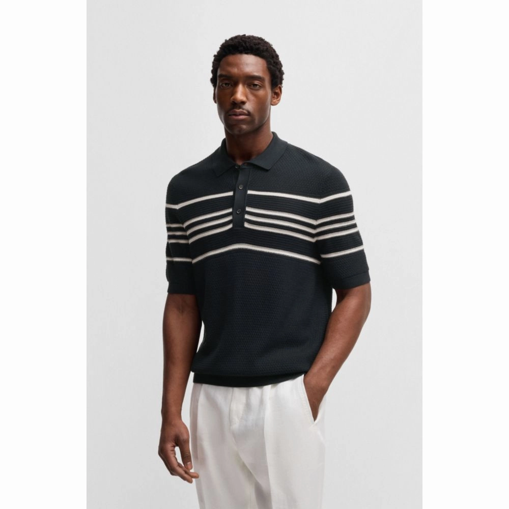 Knit polo in silk and cotton with stripe details