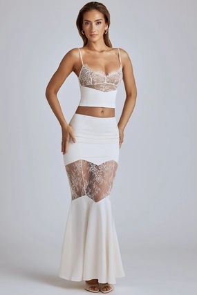 Lace Panel Fishtail Gown Skirt in Ivory Bottoms Womens - women's pants clearance