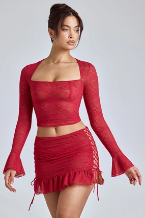 Lace Ruffle Mini Skirt in Cherry Red Bottoms Womens - women's pants clearance