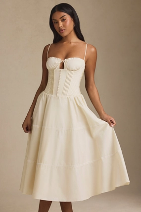 Lace-Trim Pintucked Poplin Midaxi Dress in Ivory Dresses outlet online