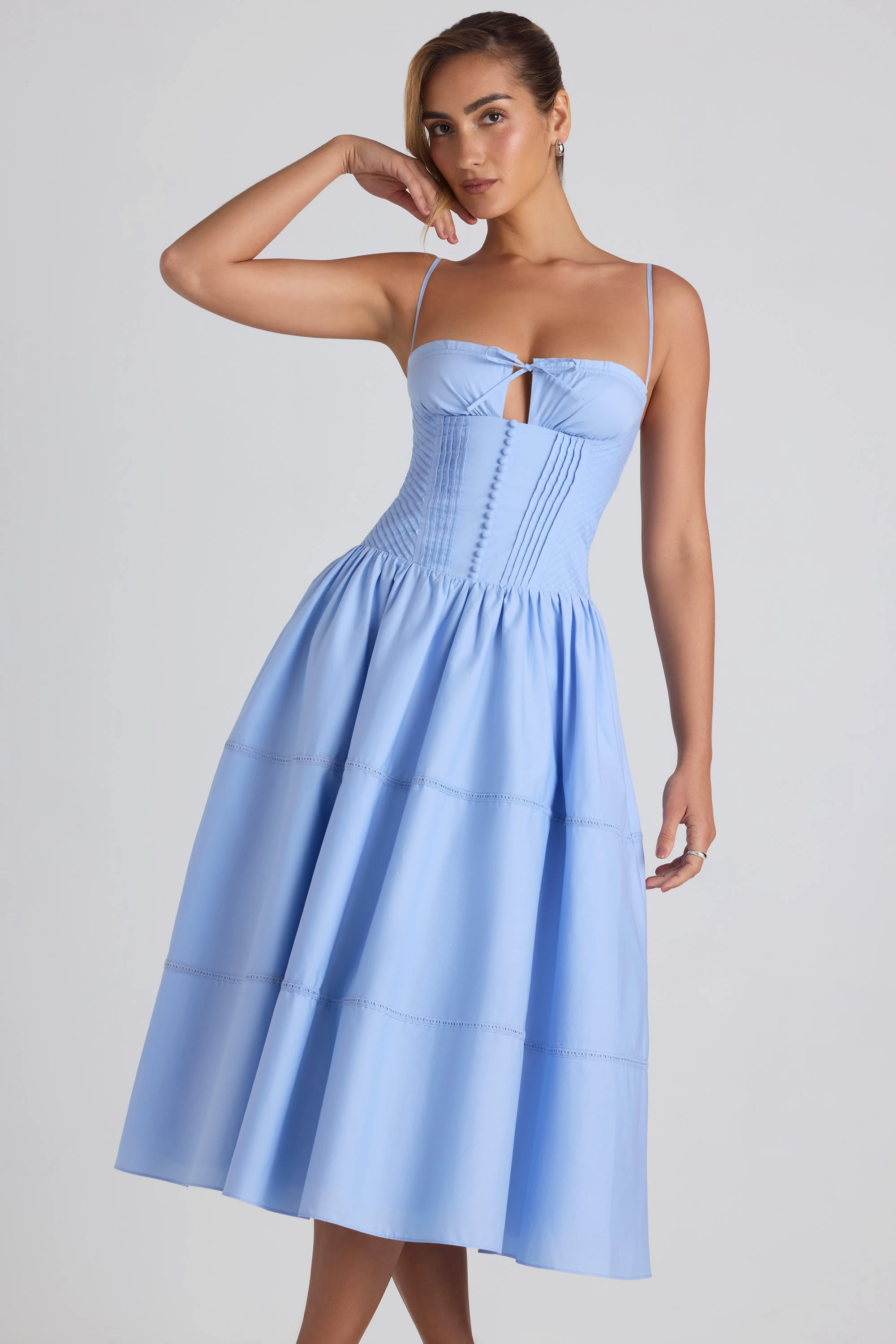 Lace-Trim Pintucked Poplin Midaxi Dress in Sky Blue