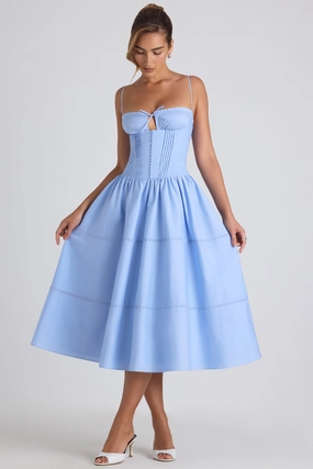 Lace-Trim Pintucked Poplin Midaxi Dress in Sky Blue Dresses - evening gowns outlet