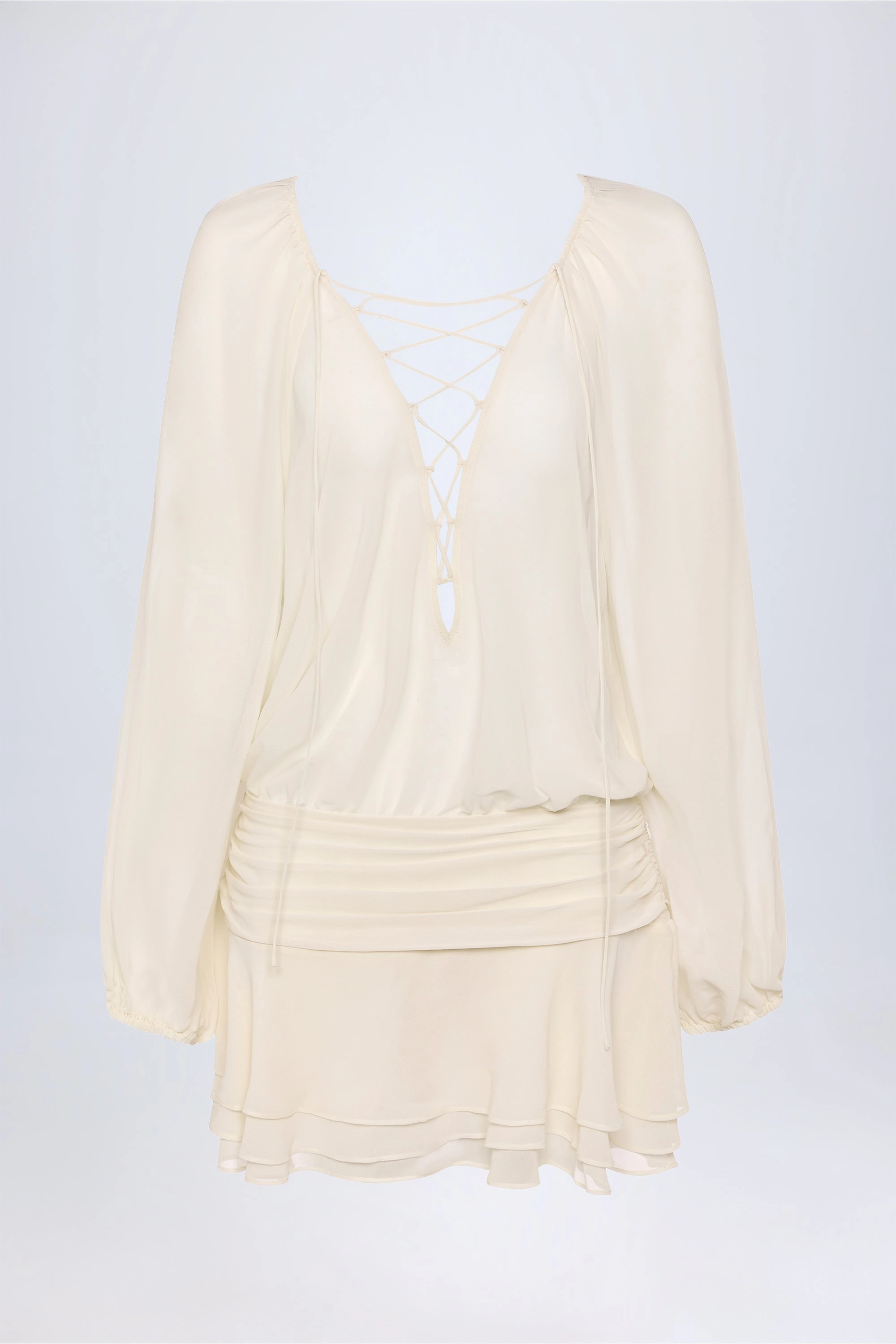 Lace-Up Balloon-Sleeve Mini Dress in Ivory