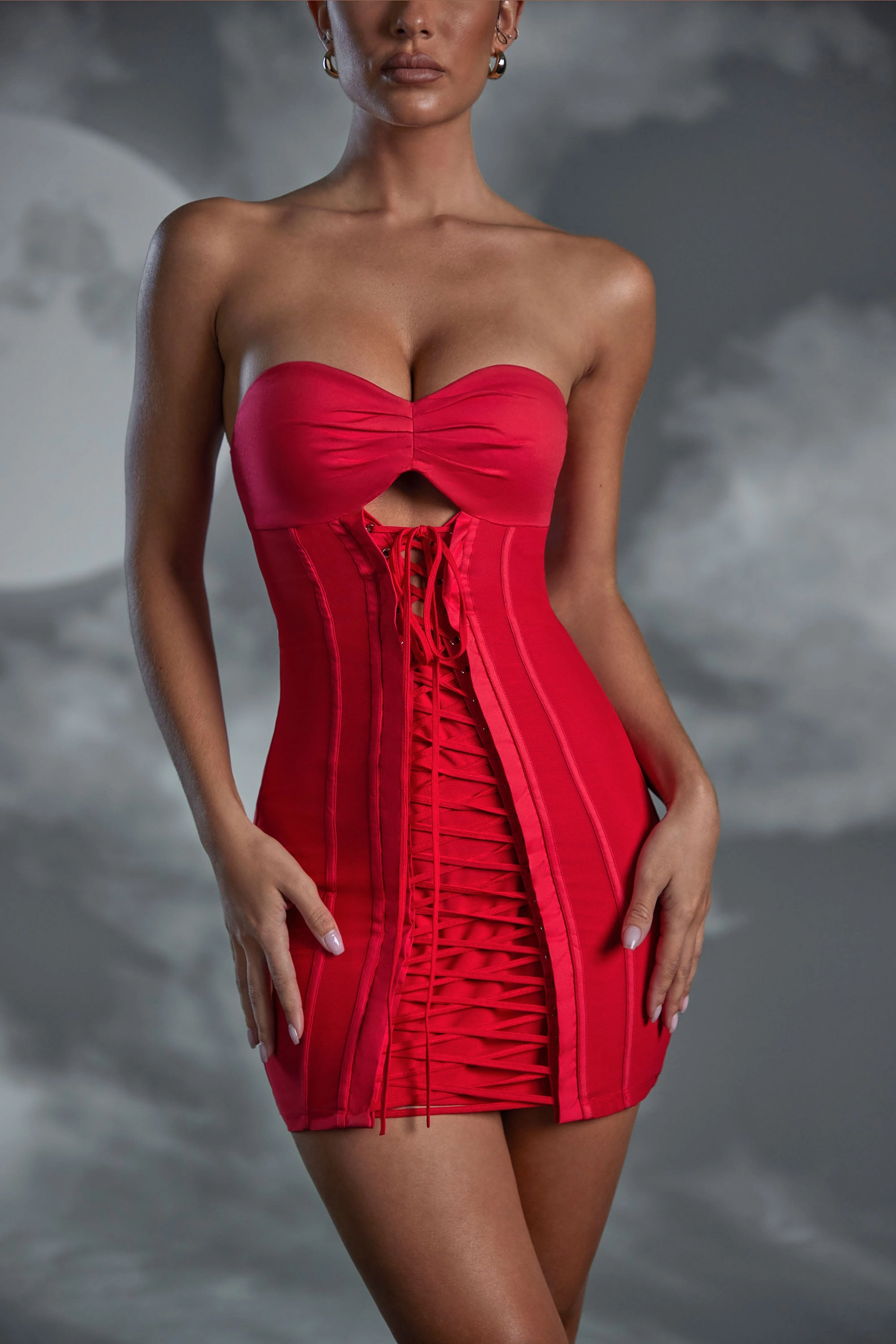 Lace Up Bandeau Mini Dress in Red