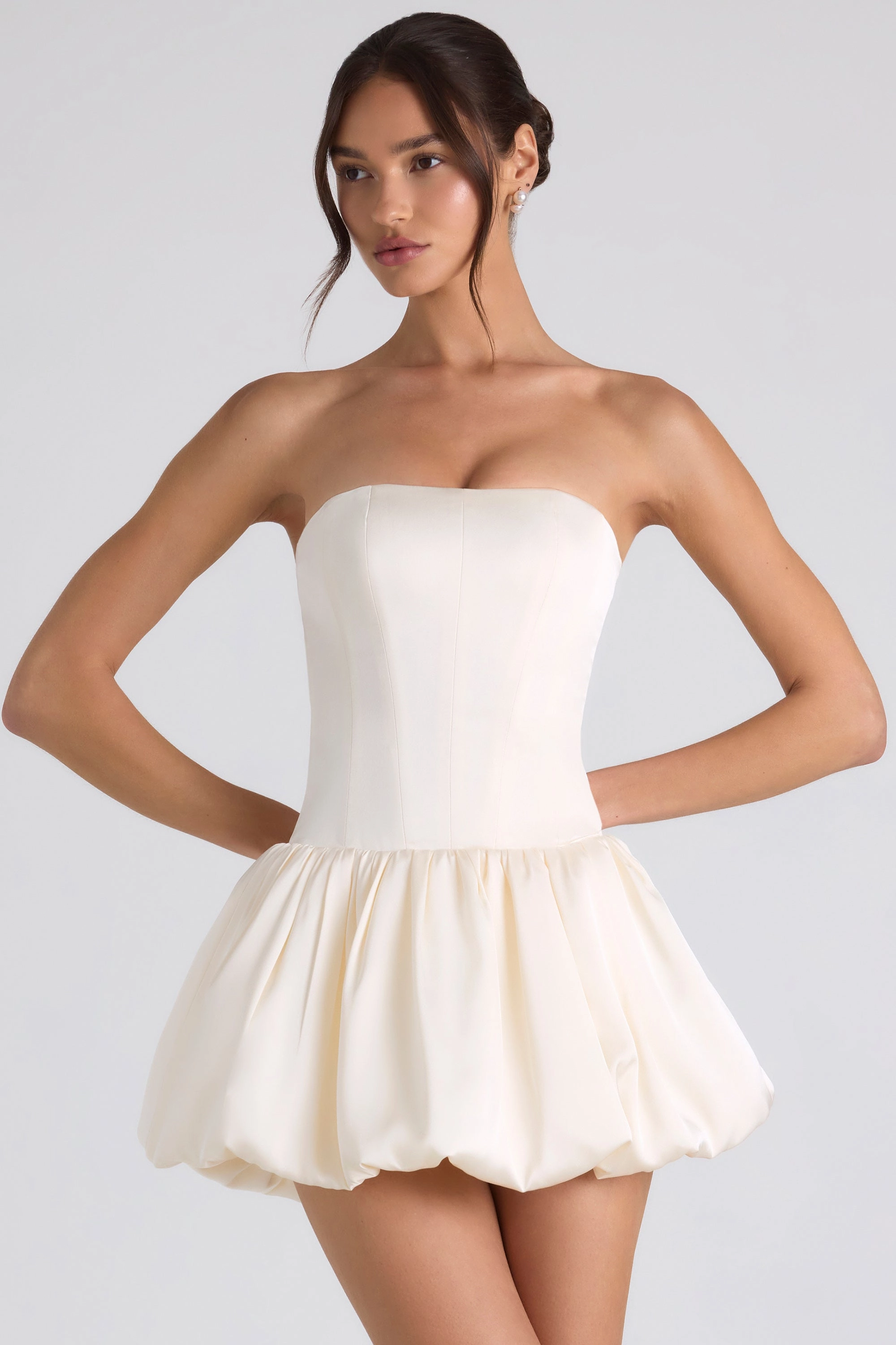 Lace-Up Bubble Hem Corset Mini Dress in Ivory Dresses outlet online