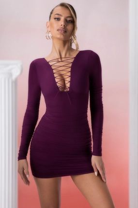 Lace Up Long Sleeve Mini Dress in Wine shop for Dresses online