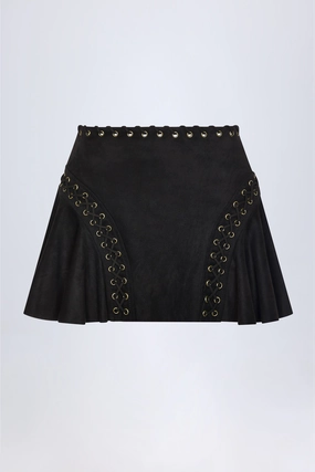 Lace-Up Mid-Rise Mini Skirt in Black Bottoms Womens - women's pants clearance
