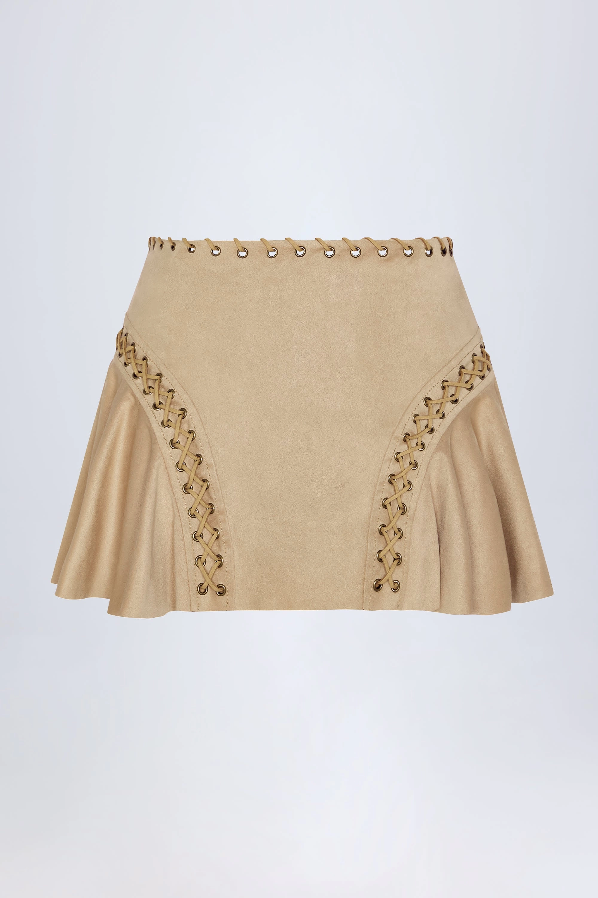 Lace-Up Mid-Rise Mini Skirt in Tan
