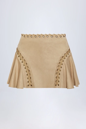 Lace-Up Mid-Rise Mini Skirt in Tan Bottoms Womens - women's pants clearance