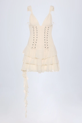Lace-Up Ruffled Tiered Mini Dress in Ivory Dresses outlet online