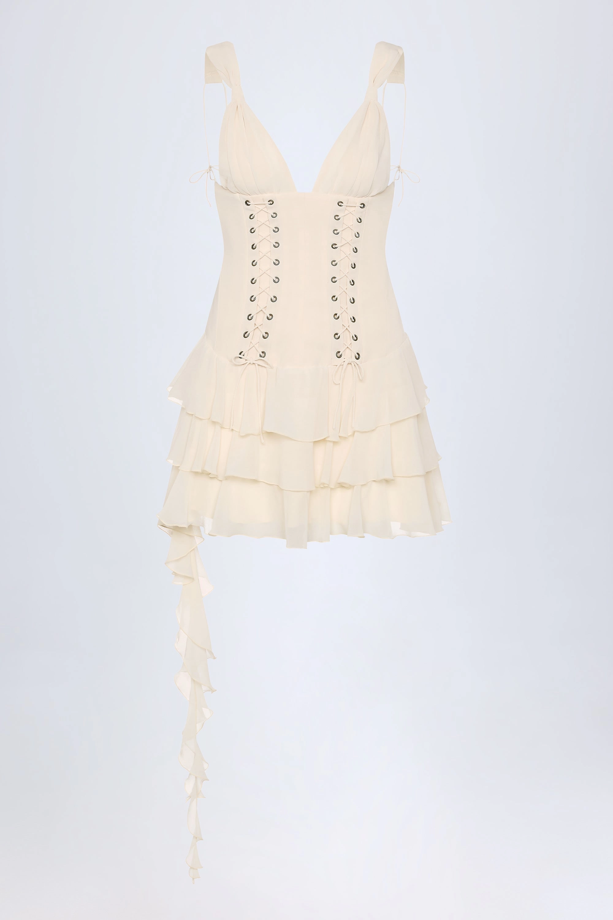Lace-Up Ruffled Tiered Mini Dress in Ivory Dresses outlet online