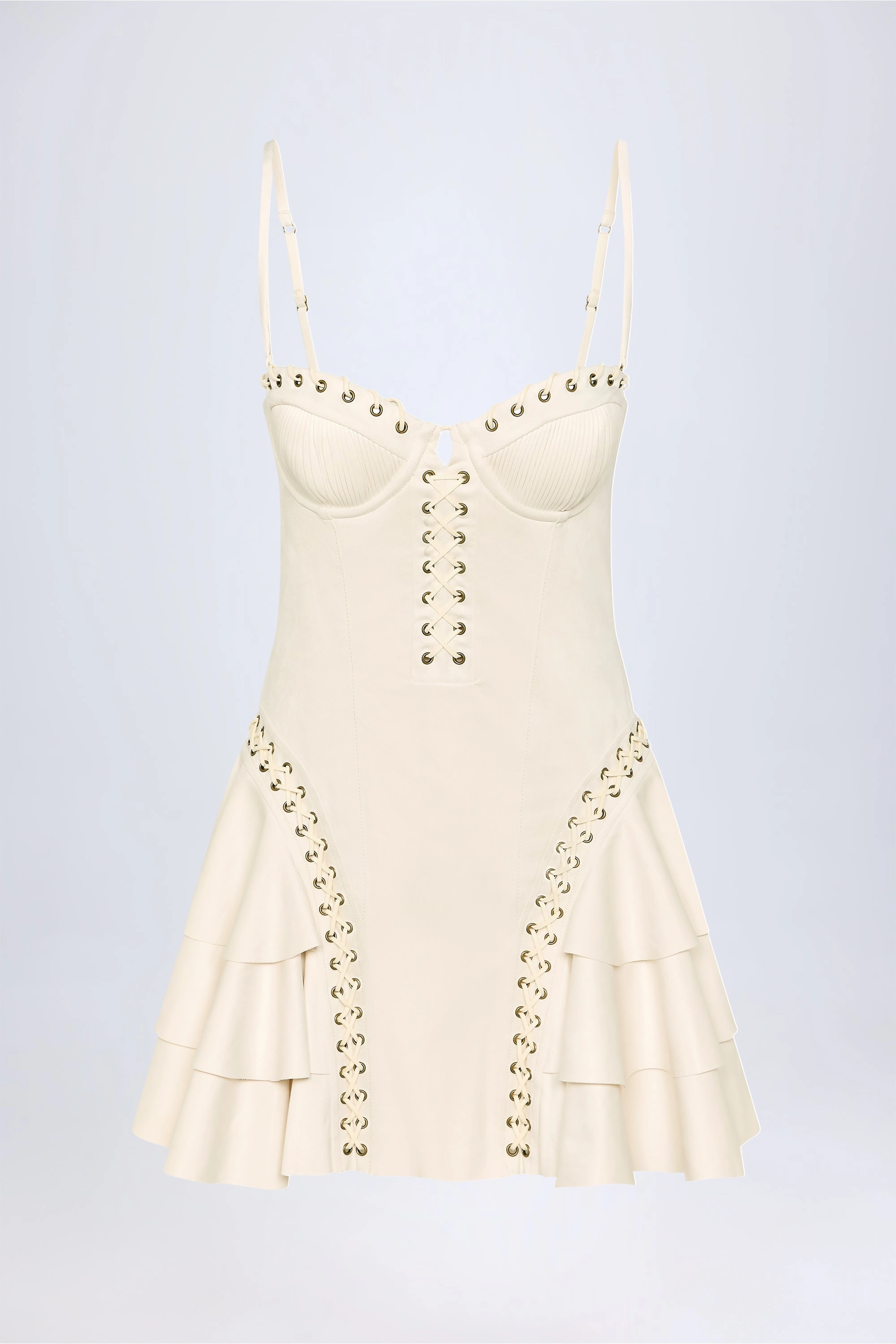 Lace-Up Tiered Corset Mini Dress in Ivory