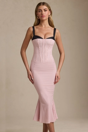 Layered Bra-Detail Fishtail Midaxi Dress in Pink Polka Dot Dresses best price