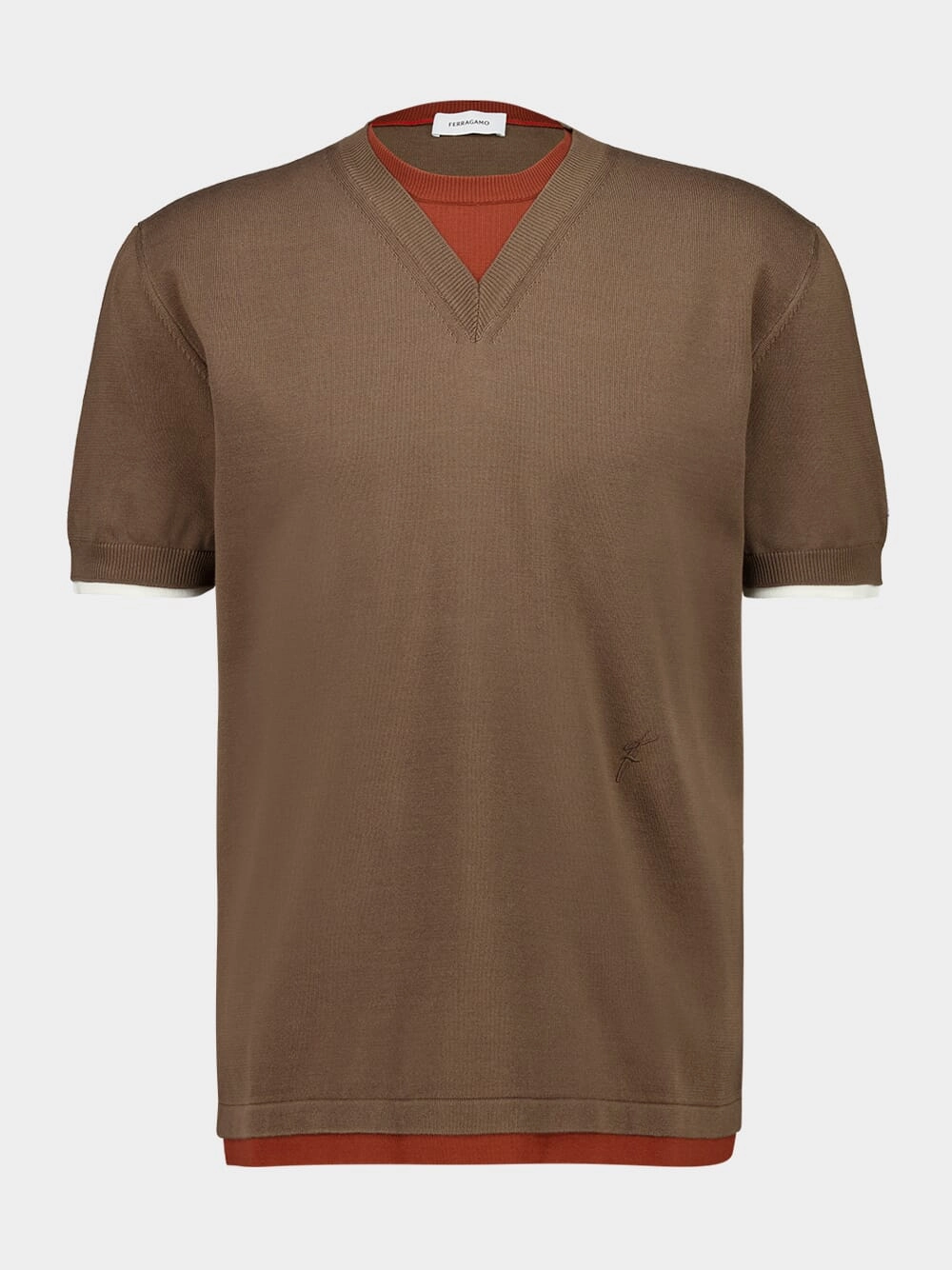 Layered Knitted T-Shirt in Clay, Brick and White