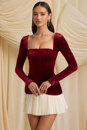 Layered Pleated Corset Mini Dress in Wine Red shop for Dresses online
