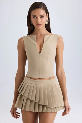 Layered Pleated Low-Rise Mini Skirt in Camel Bottoms Womens - women's pants clearance