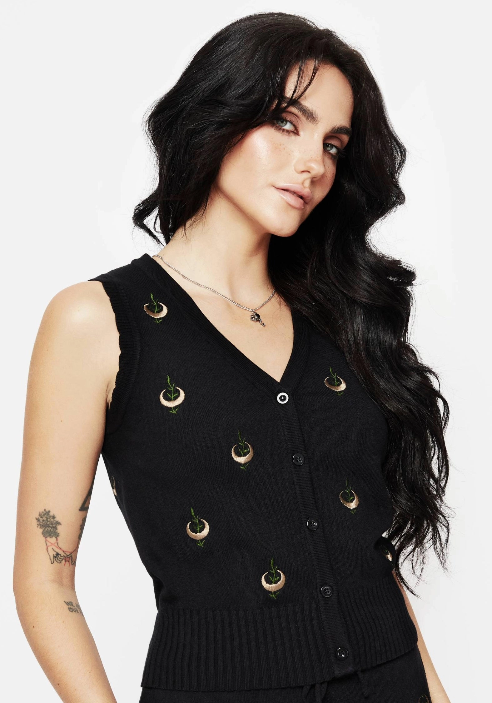 Liana Moon Leaf Embroidered Button Up Knit Vest Tops Womens - women's blouses clearance
