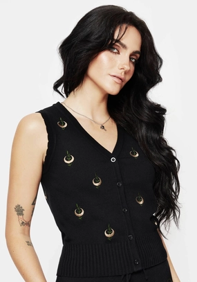 Liana Moon Leaf Embroidered Button Up Knit Vest Tops Womens - women's blouses clearance