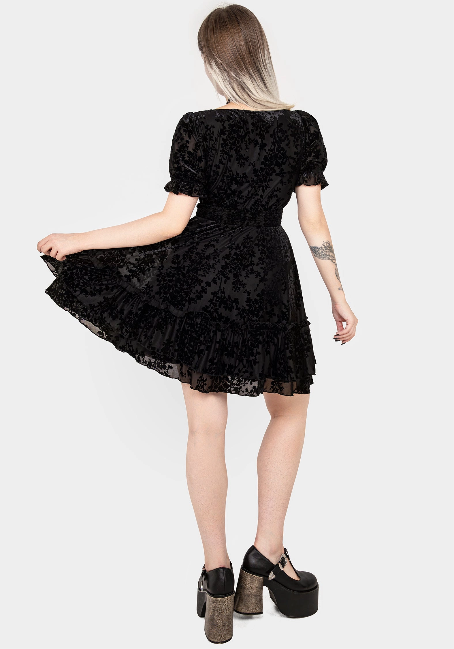 Lilias Devor Velour Mesh Tiered Mini Dress