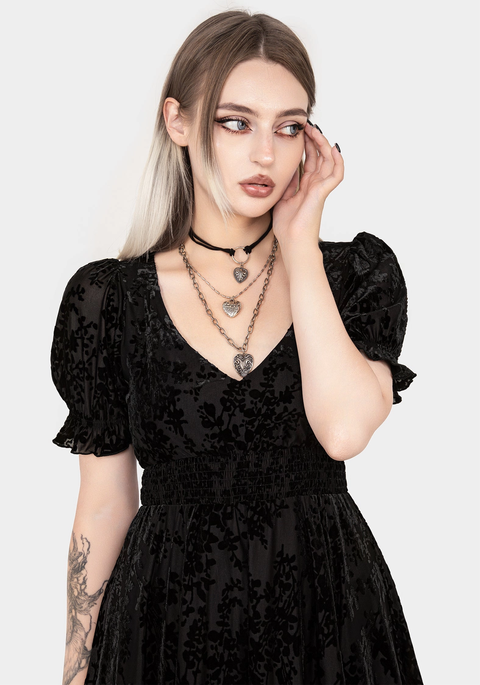 Lilias Devor Velour Mesh Tiered Mini Dress