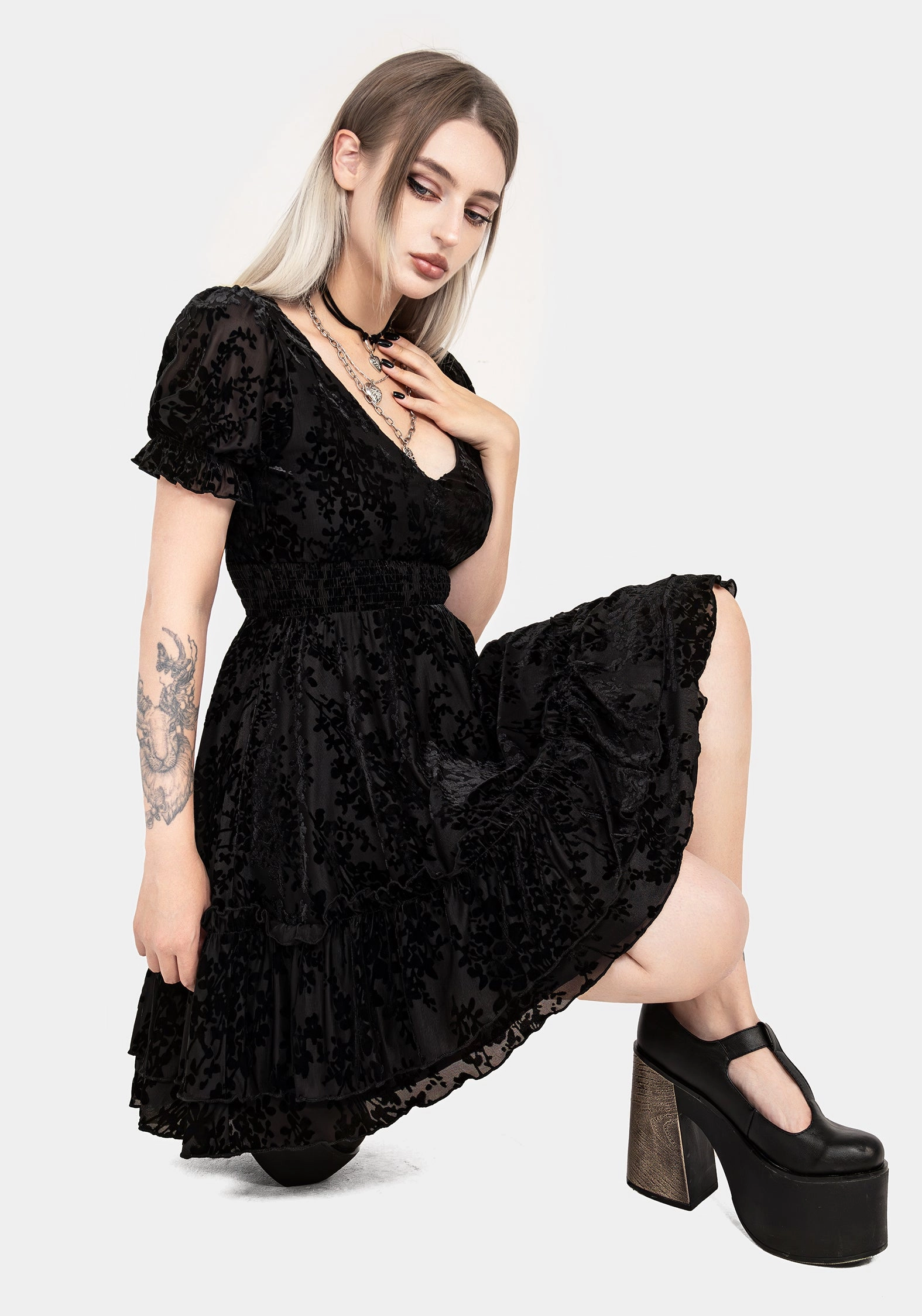 Lilias Devor Velour Mesh Tiered Mini Dress