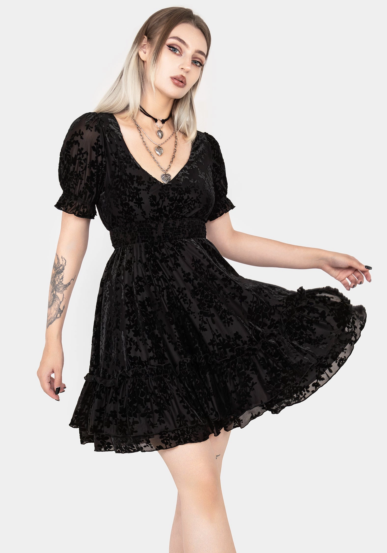 Lilias Devor Velour Mesh Tiered Mini Dress