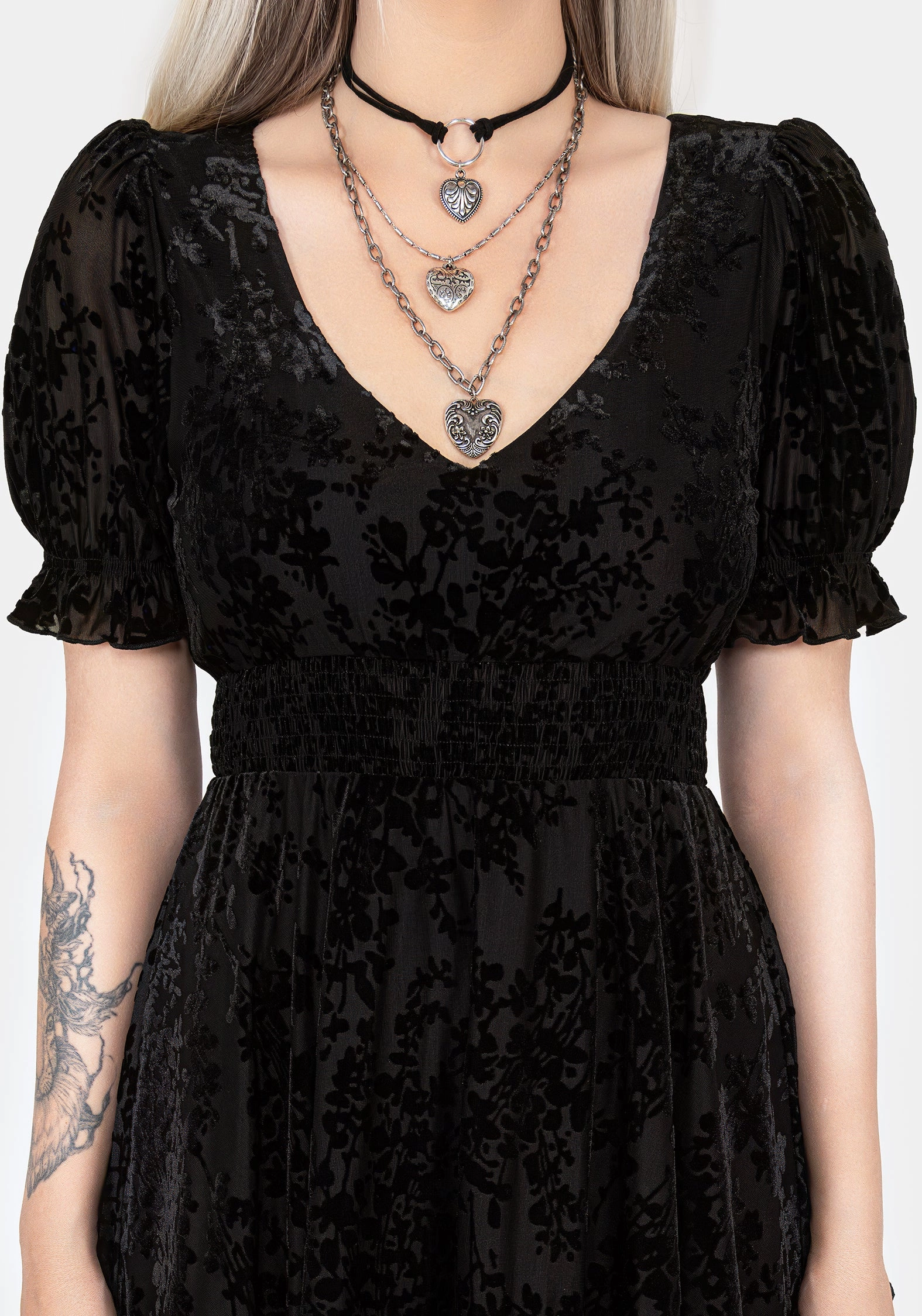 Lilias Devor Velour Mesh Tiered Mini Dress