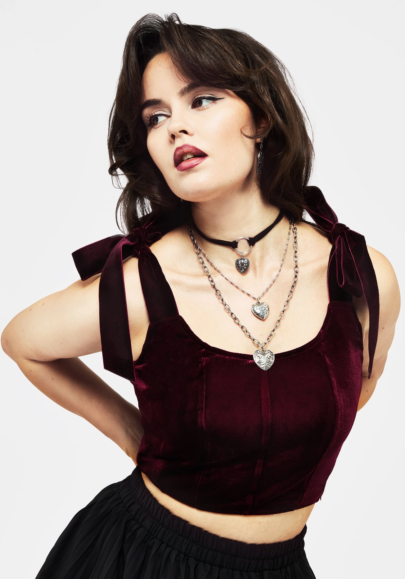 Lisette Velour Tie Strap Corset Top - Red Tops Womens - women's blouses clearance