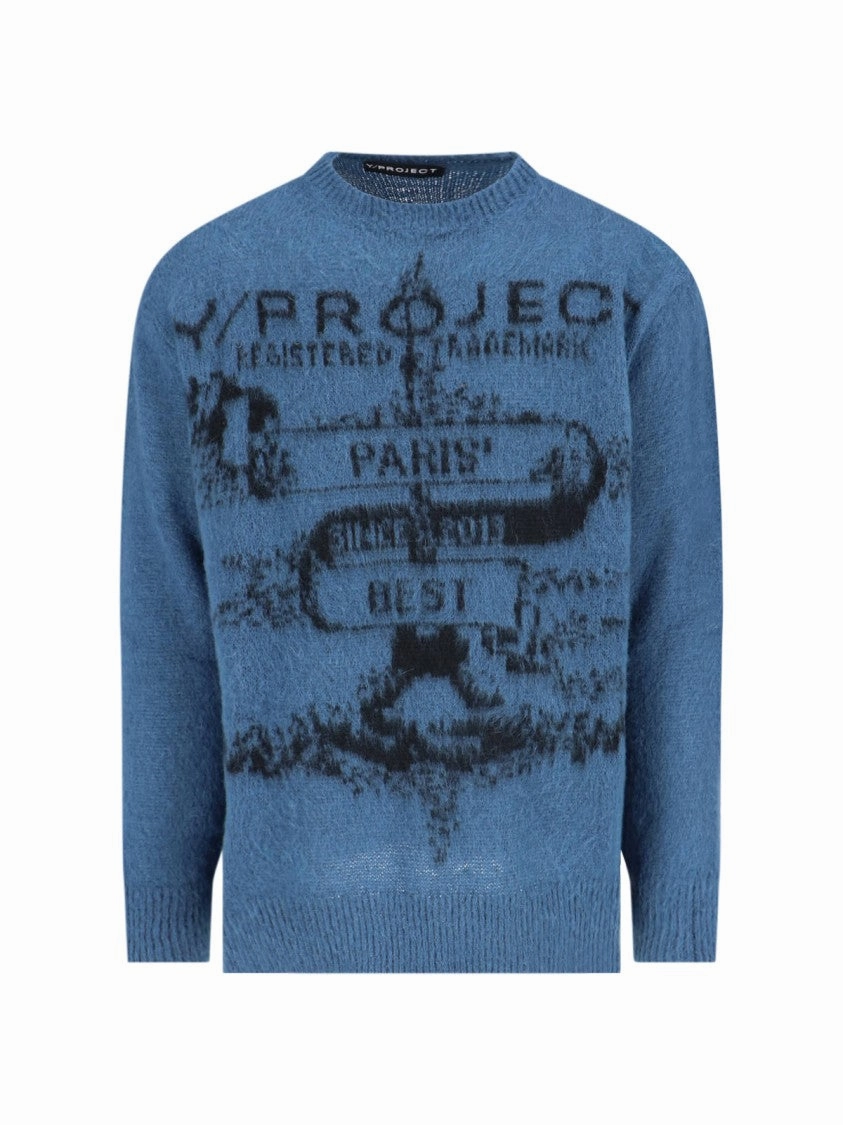 Logo Sweater In Blue Mohair Blend Knitted designer sweaters outlet