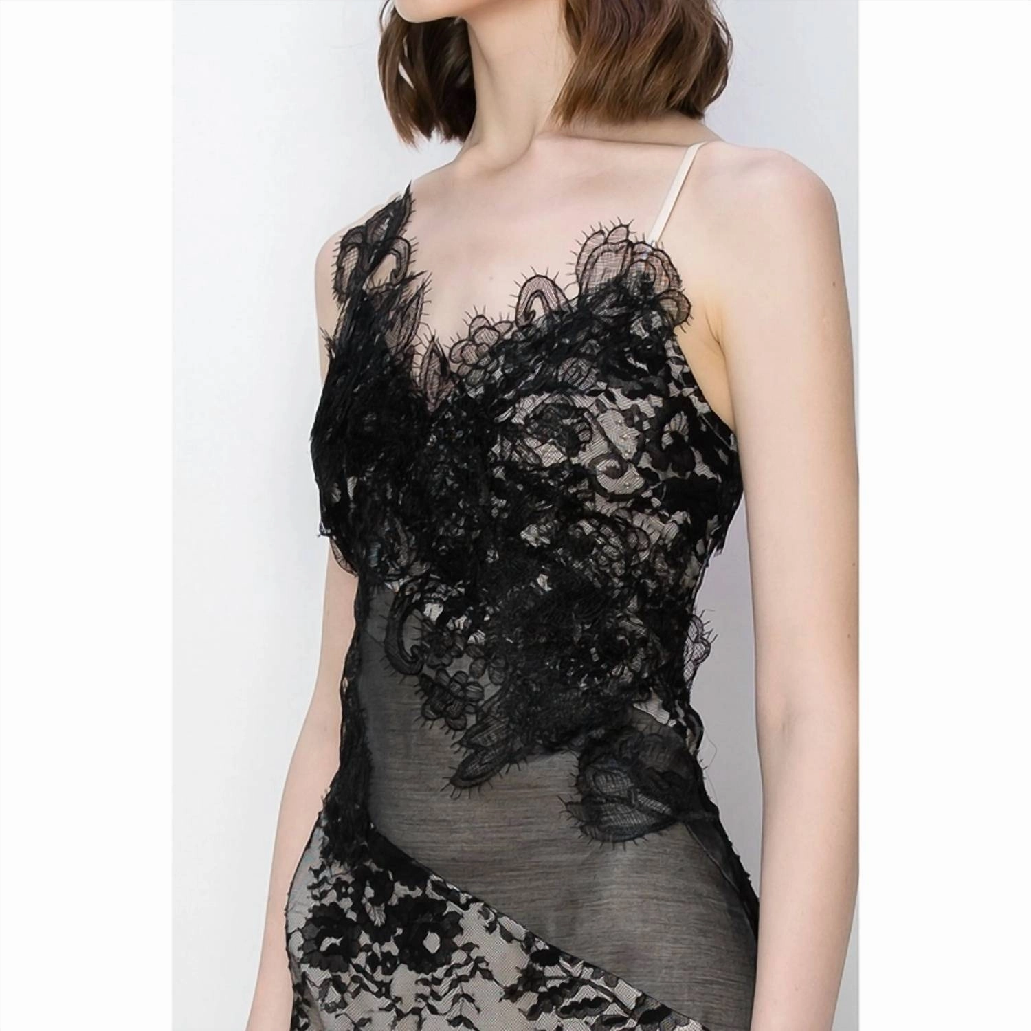 Londyn Floral Lace Asymmetric Midi Dress In Black