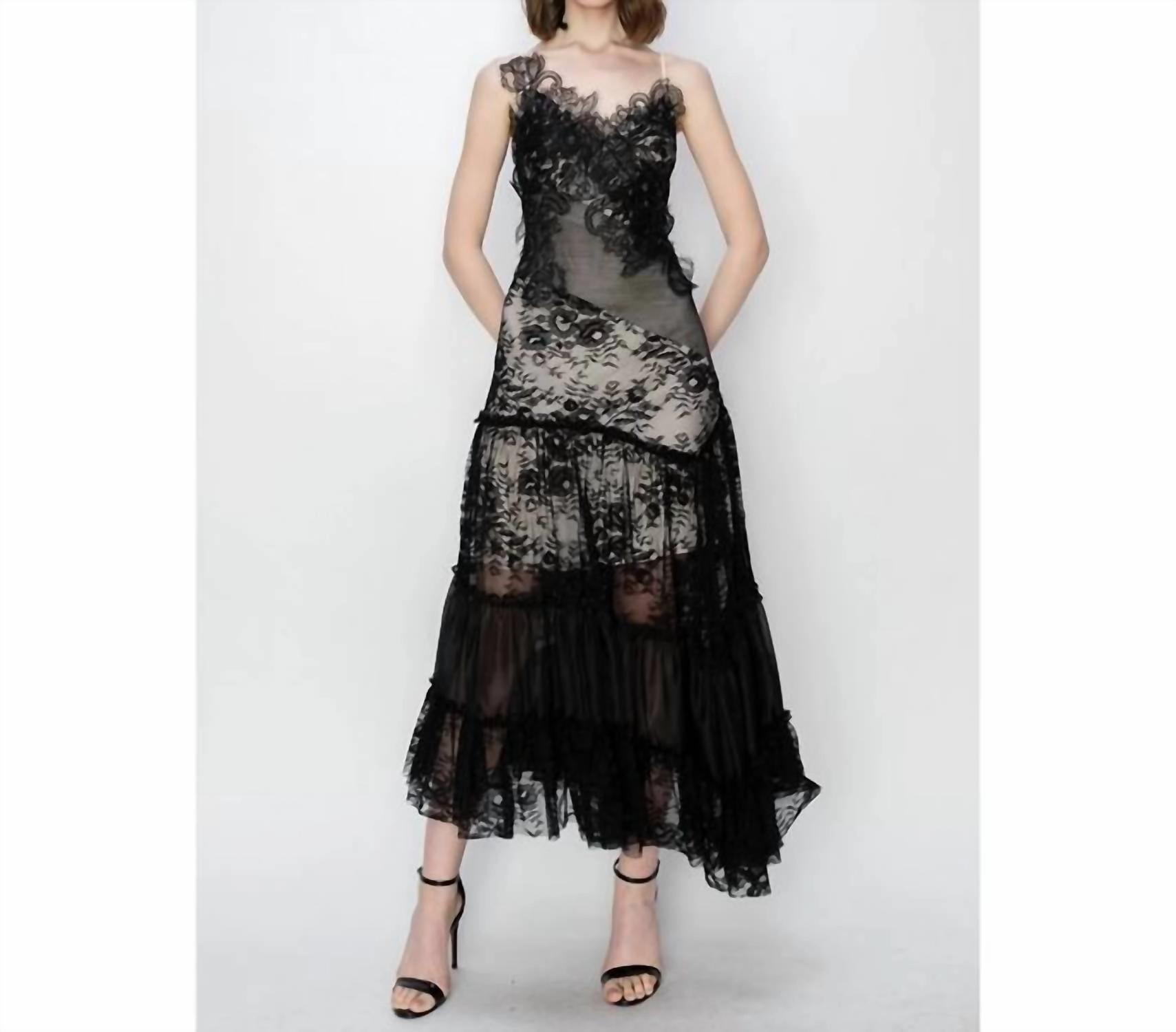 Londyn Floral Lace Asymmetric Midi Dress In Black