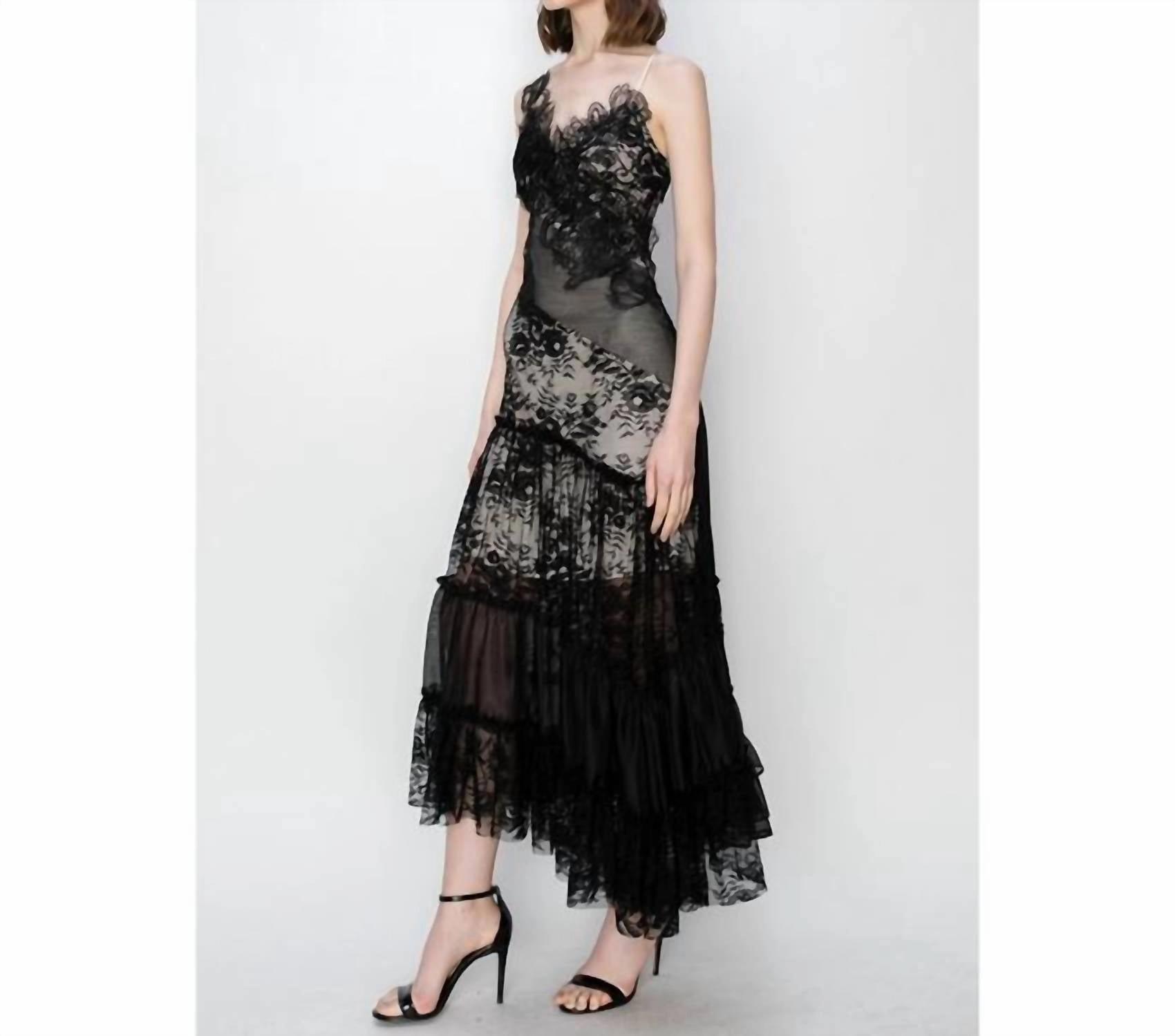 Londyn Floral Lace Asymmetric Midi Dress In Black