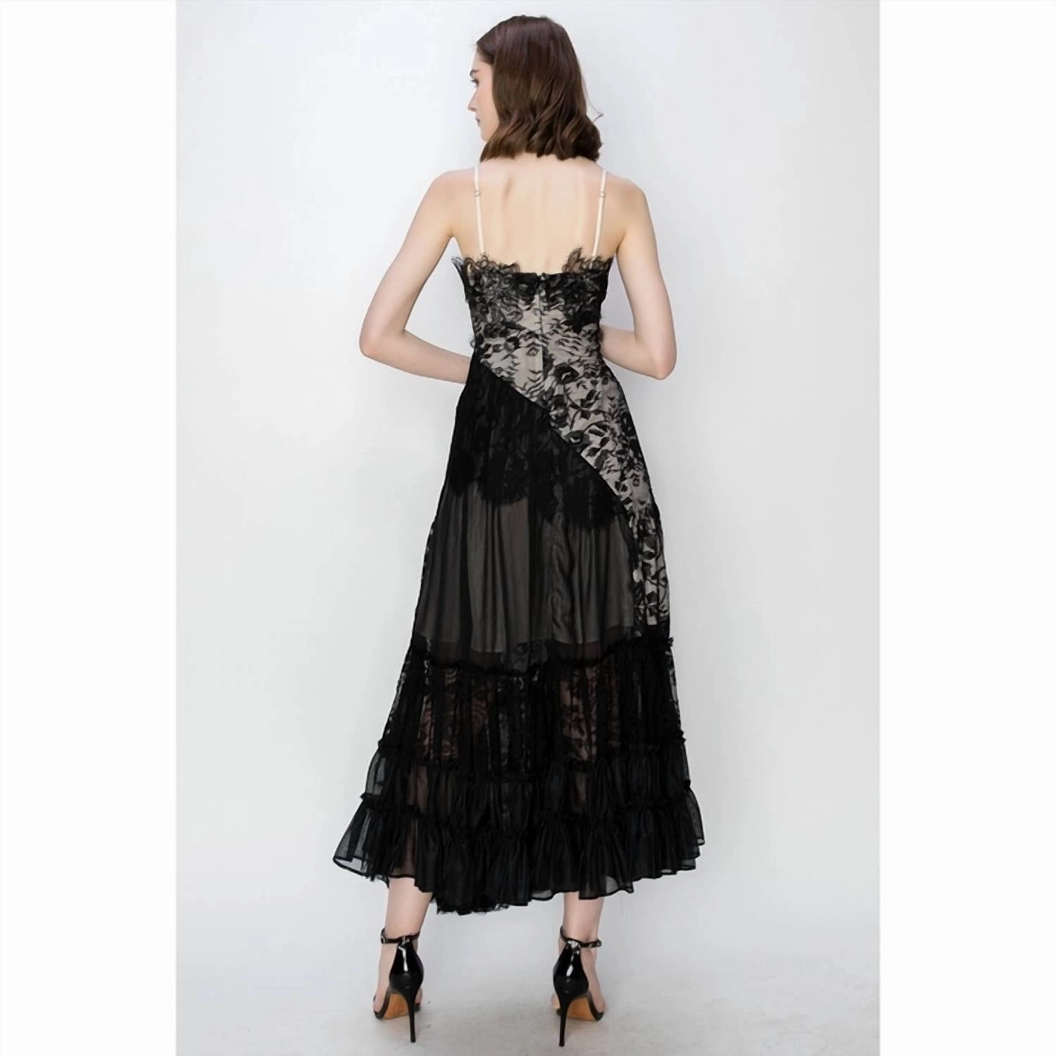 Londyn Floral Lace Asymmetric Midi Dress In Black