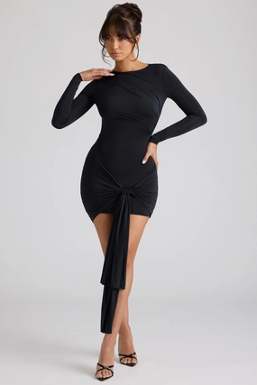 Long Sleeve Draped Mini Dress in Black Dresses - dresses on sale
