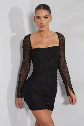 Long Sleeve Embellished Corset Mini Dress in Black Dresses - party dresses cheap