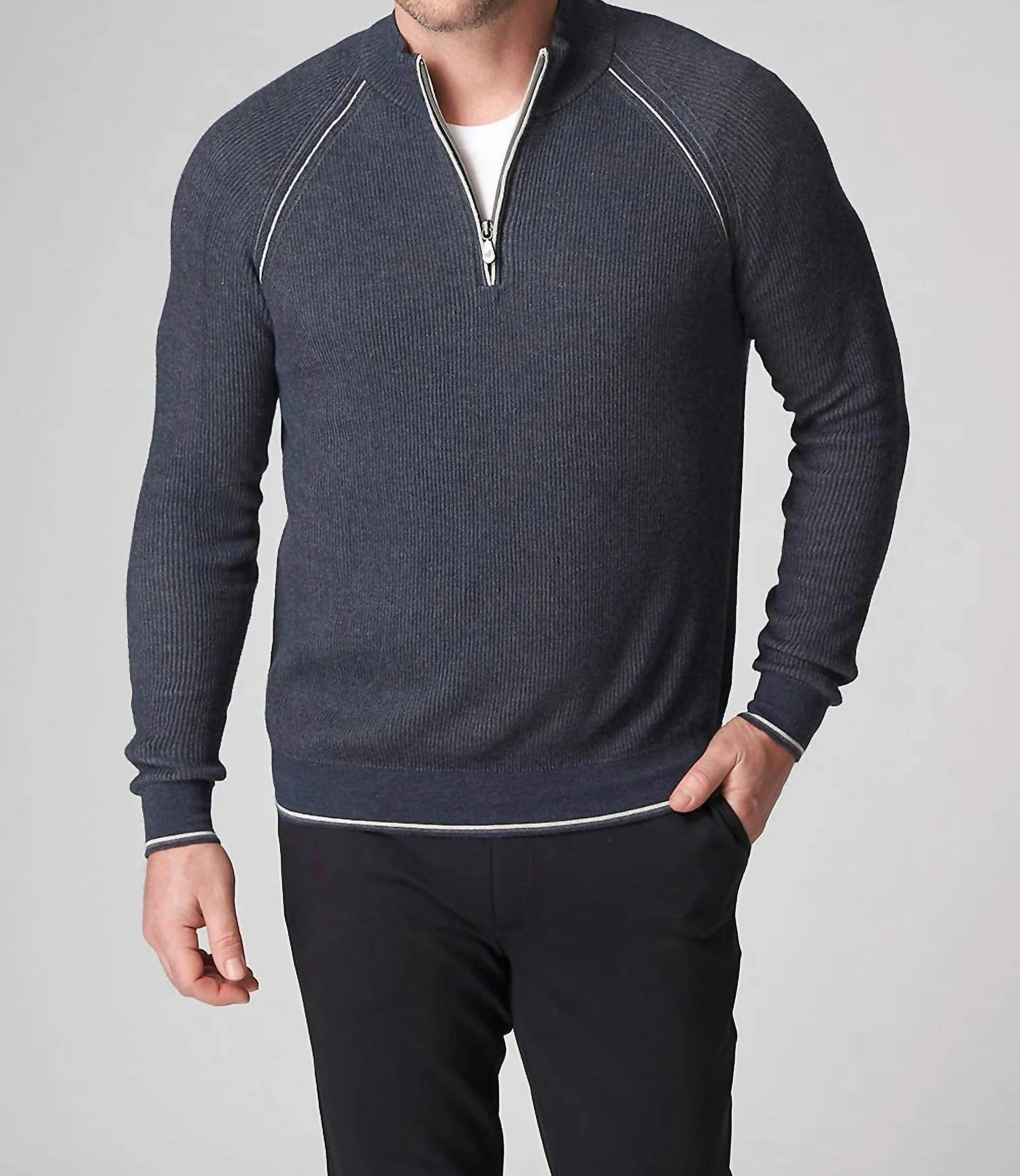 Long Sleeve English Rib Zip Mock Sweater In Midnight knit sweaters cheap