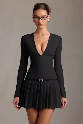 Long-Sleeve Pleated Mini Dress in Black Dresses - dresses on sale