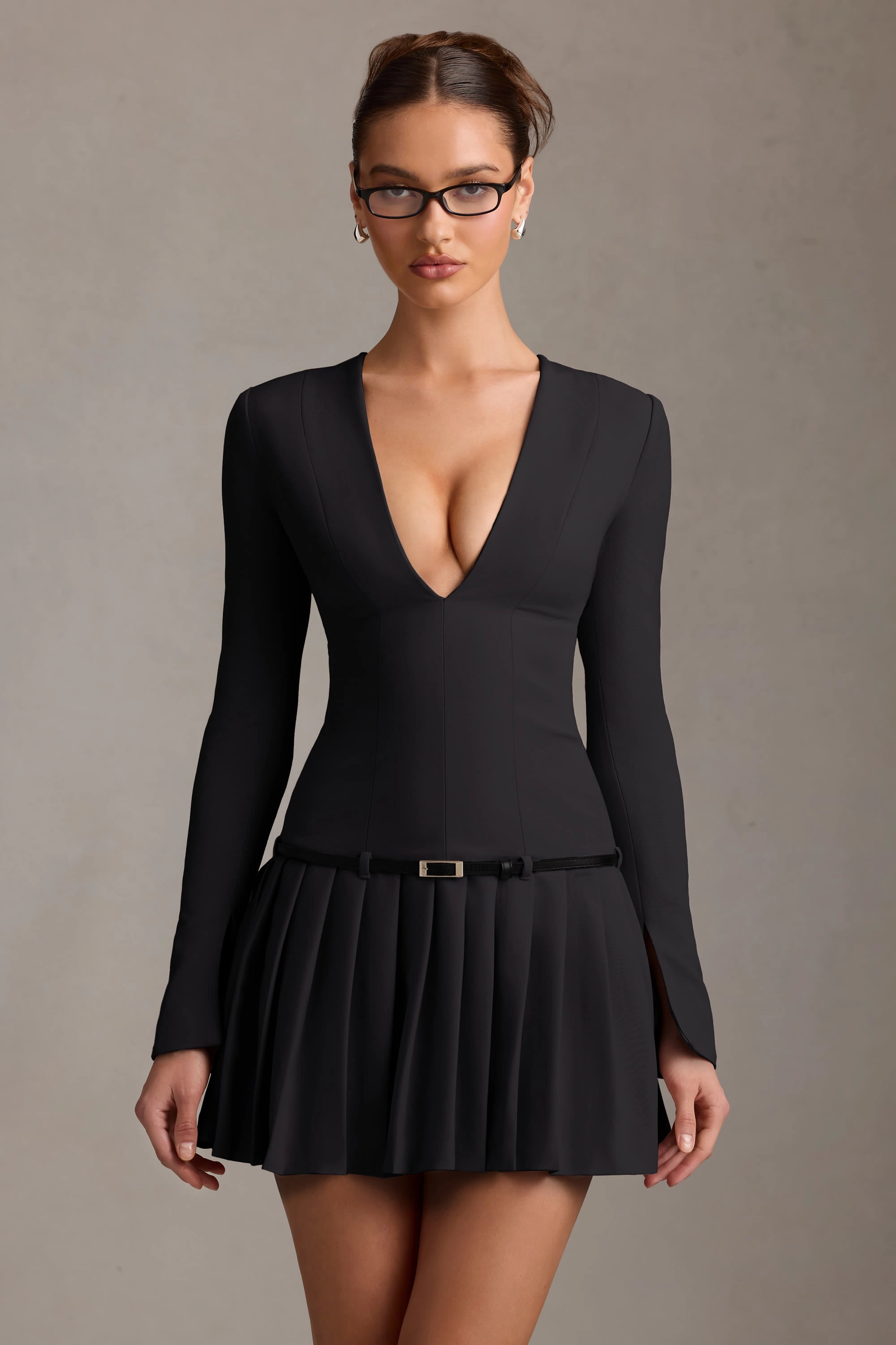 Long-Sleeve Pleated Mini Dress in Black Dresses - dresses on sale